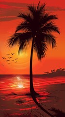 Wall Mural - Silhouette of a palm tree against a vibrant red sunset over a tranquil beach