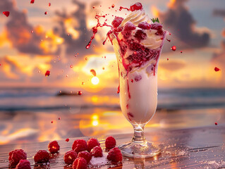 Wall Mural - Glass of ice cream and raspberries