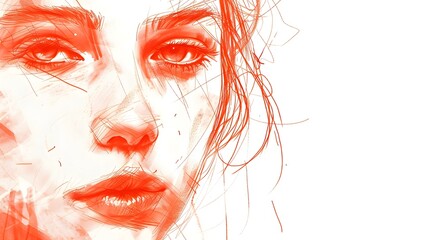 Wall Mural - Sketch of a woman's face, hand-drawn with sanguine on a white background, realistic graphics. Copy space.