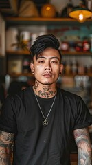 Poster - A man with tattoos and piercings stands in front of a counter