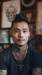 Wall Mural - Man with tattoos and piercings sits in front of a wall
