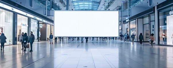 A large blank white billboard in the middle of an indoor shopping mall