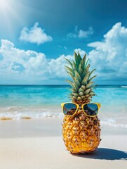 Wall Mural - Pineapple with sunglasses on the beach against the background of sea and sky on sunny day