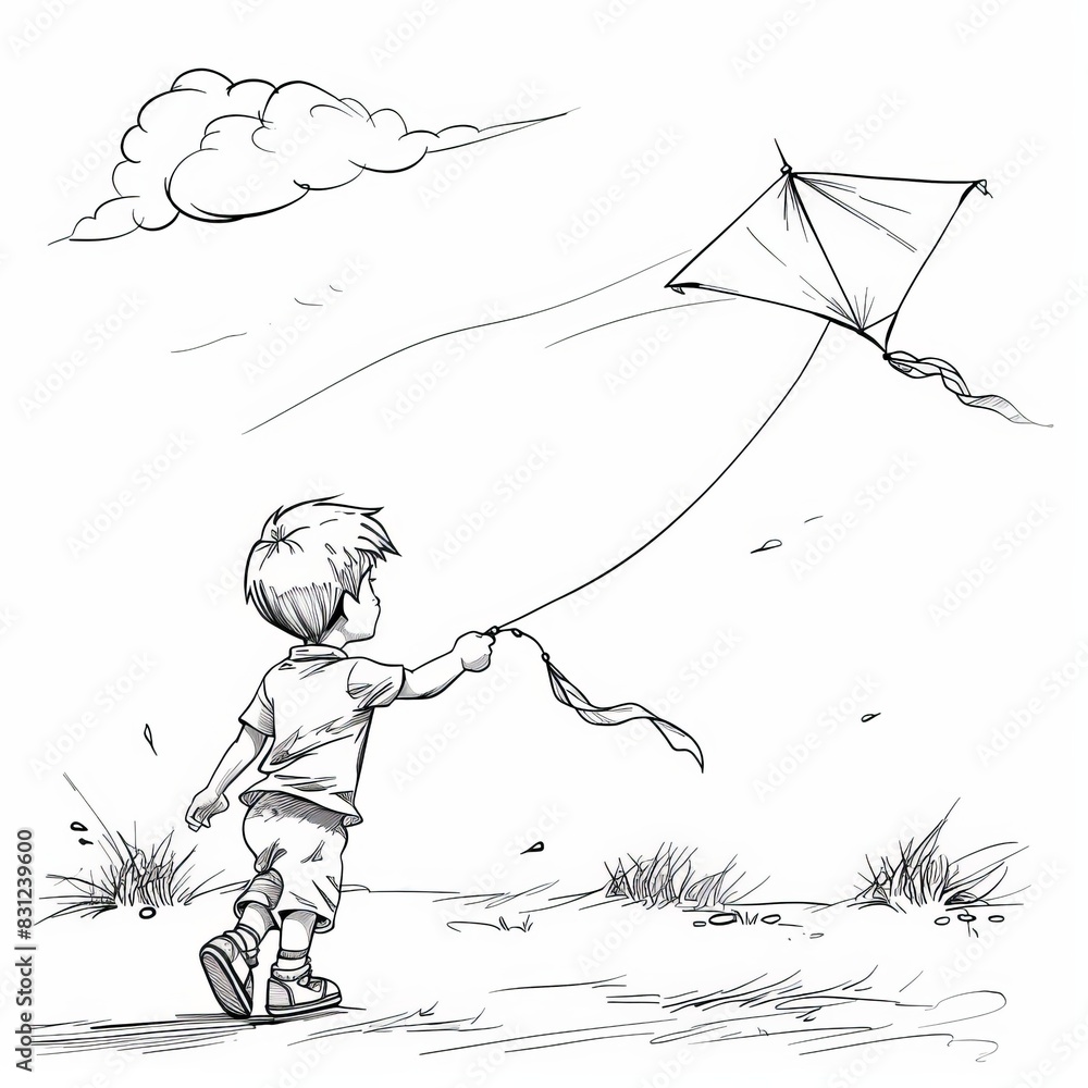 Boy flying kite in open field under cloudy sky sketch coloring page for ...