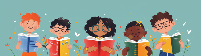 Sticker - Cartoon of diverse children embracing the joy of learning through books, promoting inclusivity and knowledge in school education, stock illustration image