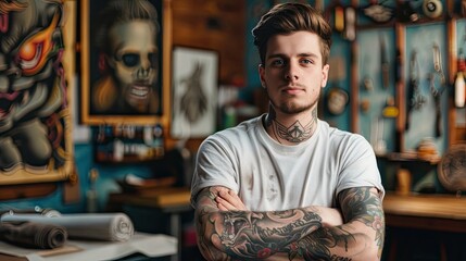 Wall Mural - Man with tattoos standing indoors