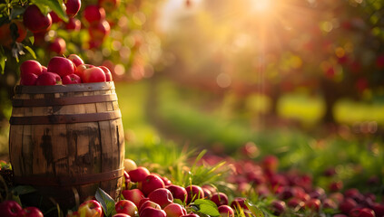 Wall Mural - A wooden barrel filled with red apples in an apple orchard during the day, surrounded by trees and green grass, with sunlight filtering through the leaves. The ripe apples are ready for harvest.