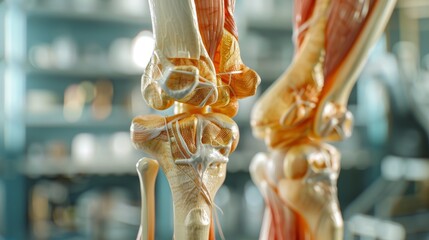 detailed anatomical model of human leg muscles and joints in a laboratory setting, ideal for educati
