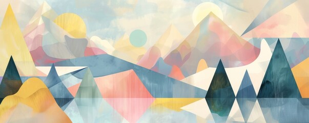 Wall Mural - Modern abstract geometric landscape panorama with colorful shapes. Mountains