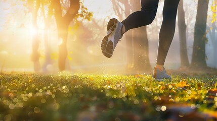 Poster - Running through a misty park, close-up on legs, dew drops visible, soft focus, ethereal atmosphere.