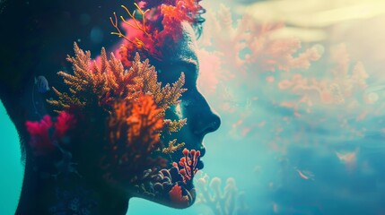 Wall Mural - Surreal portrait blending human and coral forms, capturing the harmony between nature and humanity in vibrant underwater scenery.