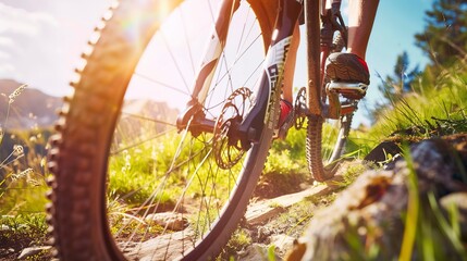 Canvas Print - Mountain bike suspension fork, close-up, detailed mechanics, harsh trail conditions. 