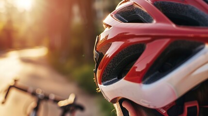 Canvas Print - Helmet on cyclist's head, close-up, focus on safety gear, detailed texture, outdoor background.