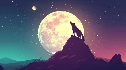 Image of a coyote howling at the moon flat design top view nocturnal call theme animation Triadic Color Scheme