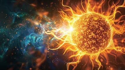 Canvas Print - A glowing yellow sun is surrounded by blue and purple sparks