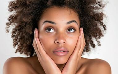 Wall Mural - Young woman touching her face isolated on white background