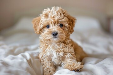 Cute little puppy with curly fur looking at the camera while sitting on a white bedsheet