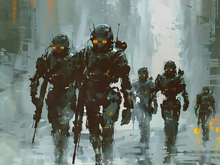 Wall Mural - Heavily Armed Futuristic Soldiers Advancing Through Dystopian Urban Environment