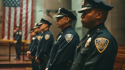 nypd police officers, they should be standing in one line, the camera perspective should be from the front, there should be an america flag in the background