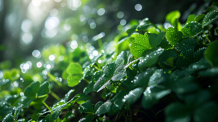 Wall Mural - water drops on a green leaf with sunlight filter