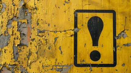 Poster - Weathered exclamation warning sign on peeling yellow paint