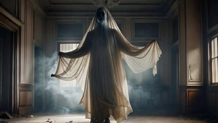 Wall Mural - dancing ghost in old mansion with smoke 4k features an a.i. generated video of a ghostly female appa