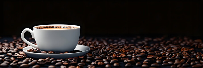 Canvas Print - A copy space image of a white coffee cup placed on a dark background alongside scattered coffee beans