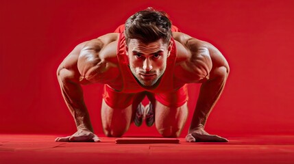 Male fitness model with lean muscles doing push-ups in red summer gym wear, isolated on a bright red background