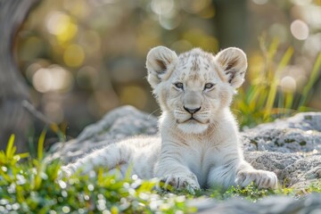 Sticker - Young lion cub lies peacefully amidst nature, bathed in soft sunlight