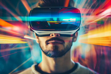 Wall Mural - Handsome man wearing a modern VR headset and experiencing metaverse
