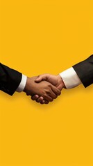 Close-up of handshake between two diverse business professionals with yellow background. Ideal for business, partnership, and real estate themes.