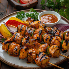 Wall Mural - golden and tasty chicken kebab on the plate with sauce 