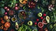 © Roodic - Overhead view of a variety of fresh vegetables and fruits arranged on a dark rustic table.