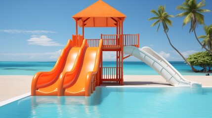 Wall Mural - Vibrant aqua park slide in blue water  water slide background banner with orange slide arrival