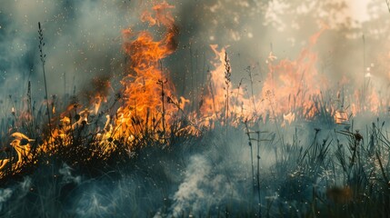 Wall Mural - Burning grass in a field with wild weeds and green natural backdrop