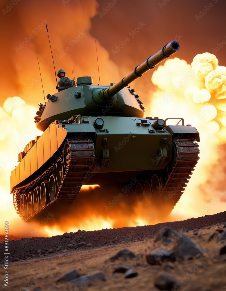A powerful tank charging through an explosion, showcasing its might and ...