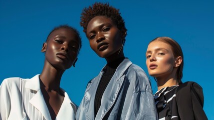 Fashion shoot featuring three models with dark skin posing against a clear blue sky.