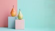 © Roodic - Artistic composition of two pears balanced on minimalist blocks against a pastel background.