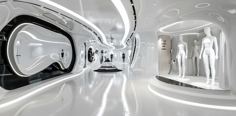 Wall Mural - A futuristic store with white walls and black details. Mannequins displayed futuristic