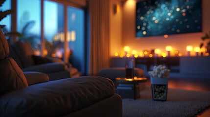 A warm, inviting living room illuminated by numerous candles, with a large TV displaying a starry scene on the wall, creating a serene and relaxing atmosphere in the evening.