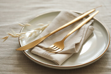 Wall Mural - Stylish setting with cutlery, napkin and plate on light table, closeup