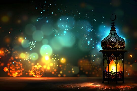 Eid Ul Adha mubarak and ramadan kareem greetings with islamic lantern, mosque window background with night lights illustration