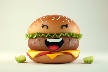 Wall Mural - Cheerful and playful cartoon burger character with a happy. Smiling face. Designed as an adorable and friendly animated mascot for kids. Perfect for a fun and joyful mealtime snack. Delicious