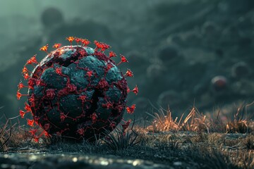 Poster - Artistic depiction of a mysterious globe with red flowers on a misty forest floor