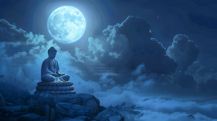 Wall Mural - Vesak day background with scene of a serene meditative buddha statue at full moon night.