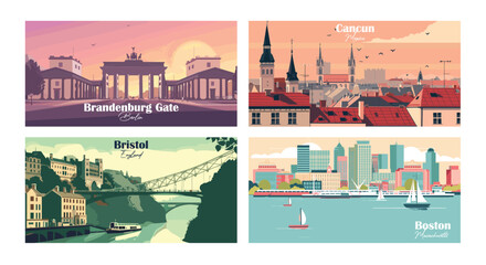 Wall Mural - Boston, Massachusetts, Brandenburg Gate, Berlin, Bristol, England, Cancun, Mexico - Vector illustrations. Travel summer holiday vacation banner concept.