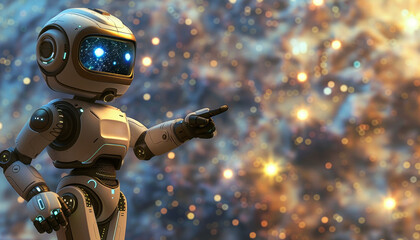 Poster - a robot pointing to the sky with a christmas tree in the background by ai generated image