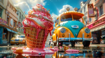 Melted ice cream cone on vibrant street with colorful vintage van in the background, capturing a hot summer day.