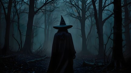 Wall Mural - Abstract witch in a dark scary forest, Halloween concept, background wallpaper. Generative AI