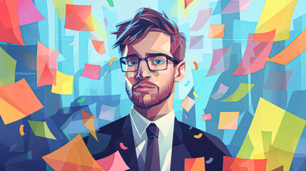 Wall Mural - Energetic portrait of a young businessman in a startup environment